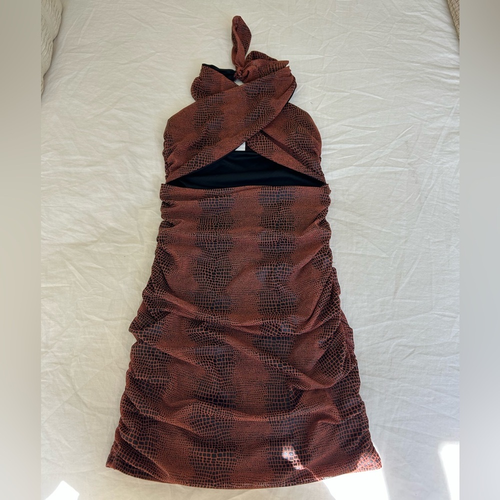 Cross-neck Crocodile Print Mini Dress